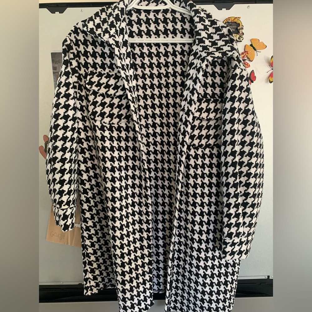 SHEIN Houndstooth Double Breasted Belted Tweed Overcoat